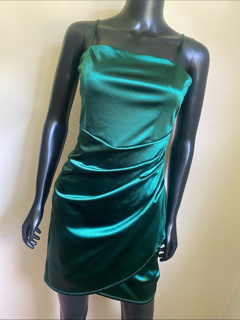 Emerald Sundae Satin Cowl Slip Mini Dress in Deep Green